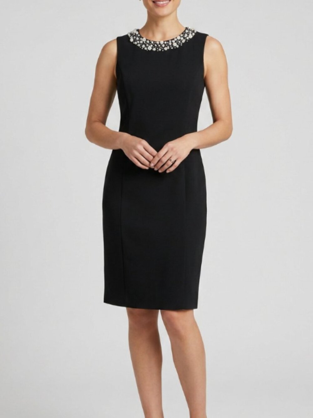 Calvin Klein Sleeveless Black Dress Sheath Pearl Trim Special Occasion Size 4